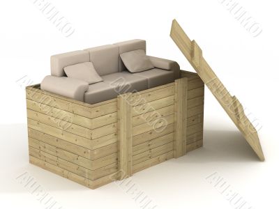 Leather sofa in an open box. 3D image.