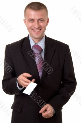 businessman holding a blank business card