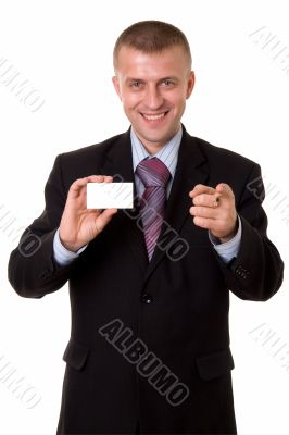 business man holding a blank business card