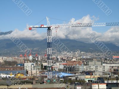 blue and white construction crane