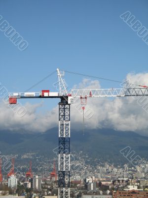 blue and white construction crane