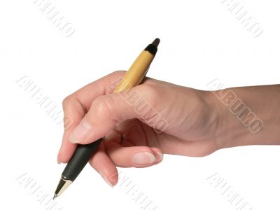 The female hand writes a pen. Isolated.