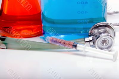 Medical Beakers Syringe and Stethoscope