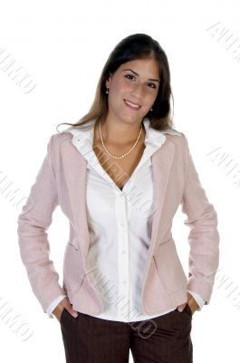 businesswoman keeping hands in pocket