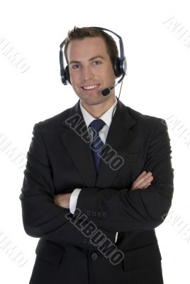 standing businessman with microphone