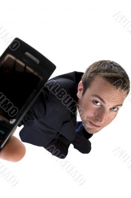 businessman busy on phone call and looking upwards