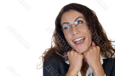 smiling lady with chin over hands