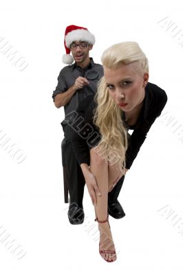 man looking towards lady with magnifier