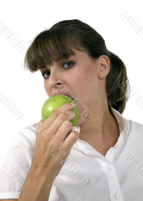 close up of woman eating apple