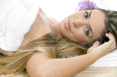 relaxing blonde model looking you