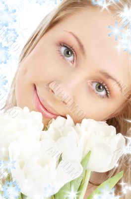 happy girl with white tulips