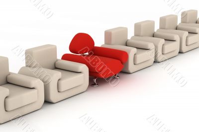 Row armchairs on a white background. 3D image.