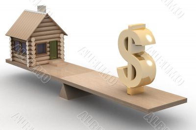 house and dollar on scales. 3D image.