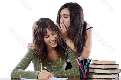 Girls friends whispering while studying