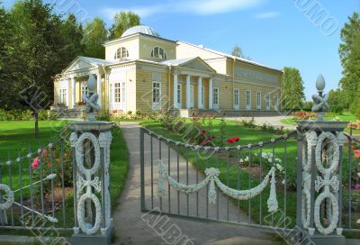 Classical building in rose garden