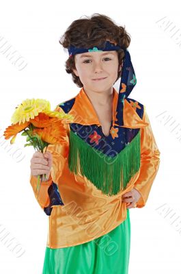 Adorable child hippie offering flowers