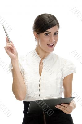 posing lady with pen and writing pad