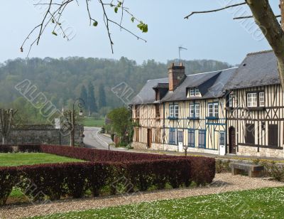 Street in provincial French small town in a valley
