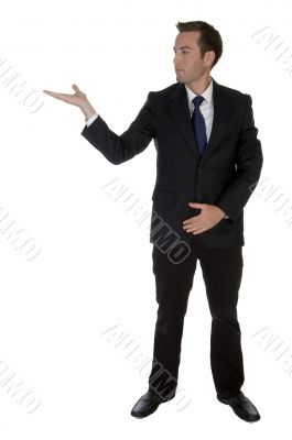 businessman showing open palm
