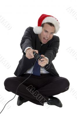 happy businessman playing video game