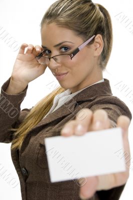 successful businesswoman posing with visiting card