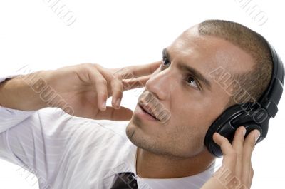 businessman holding headphone