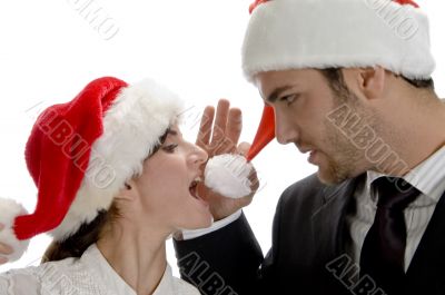 happy couple with red santa cap