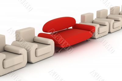 Row armchairs and red sofa on a white background. 3D image.