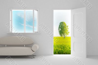 Landscape behind the open door and window. 3D image