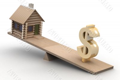house and dollar on scales. 3D image.
