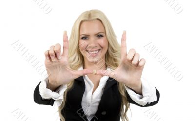 smiling woman showing hand gesture