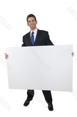 young businessman with white board