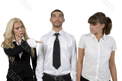 man looking upwards and woman pointing