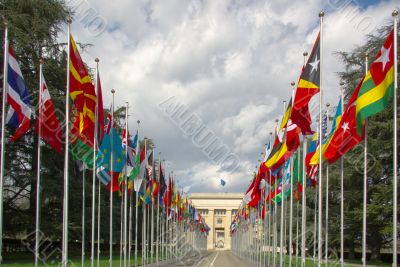 national flags at the entrance to UN