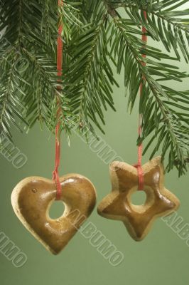 Christmas cookie hanging from fir branch