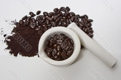 Mortar, coffee beans and grind