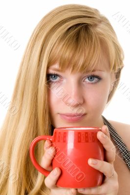 blond girl with red mug