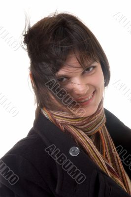 wind. woman in topcoat