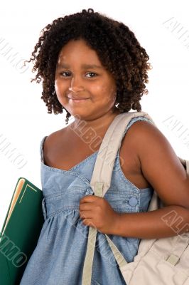 African girl student with folder and backpack