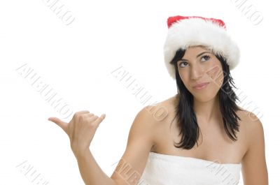 american model indicating sideways