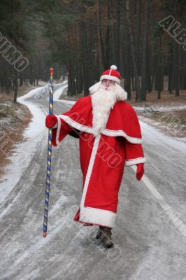 Santa Claus coming along deep forest road