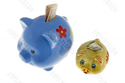 Piggy bank with dollar and euro