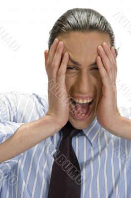 happy man holding his face with hands