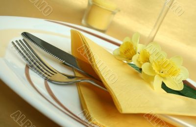 plate with knife and fork on yellow tablecloth