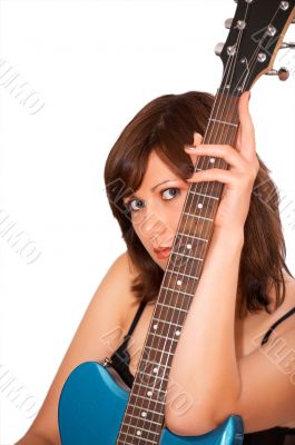 Young beautiful woman with guitar, isolated