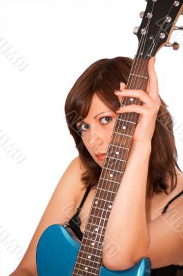 Young beautiful woman with guitar, isolated