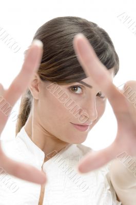 lady showing directing hand gesture