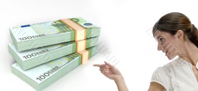business woman pointing  bundles of currency