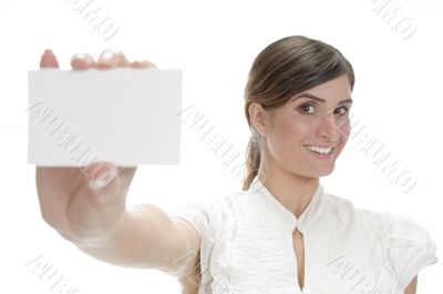 smiling lady showing visiting card