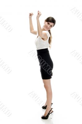 smiling lady showing the winning sign